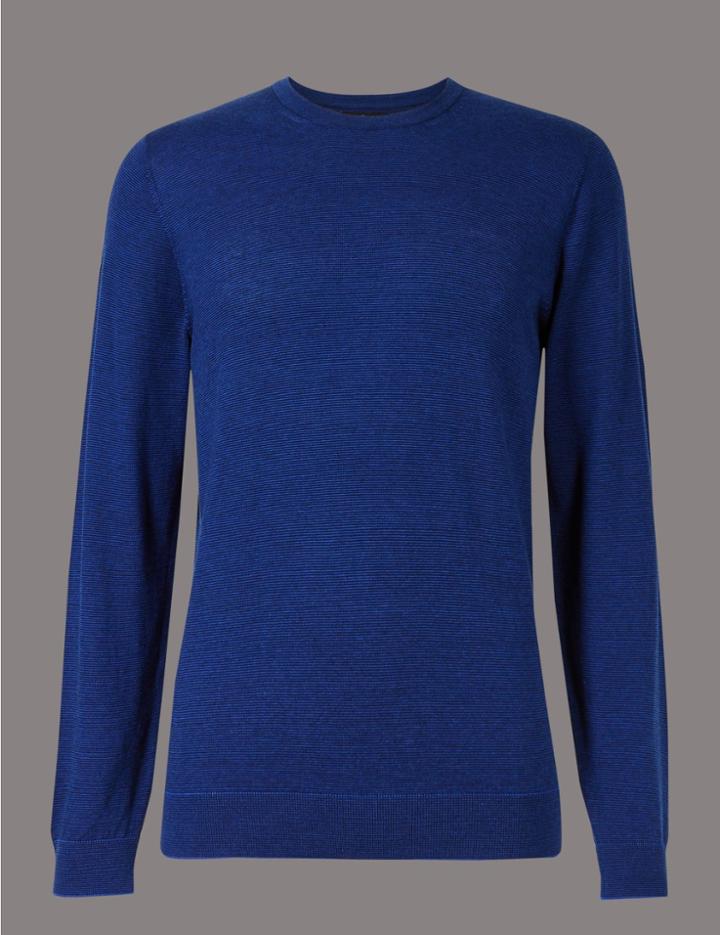 Marks & Spencer Cotton Blend Striped Slim Fit Jumper Cobalt