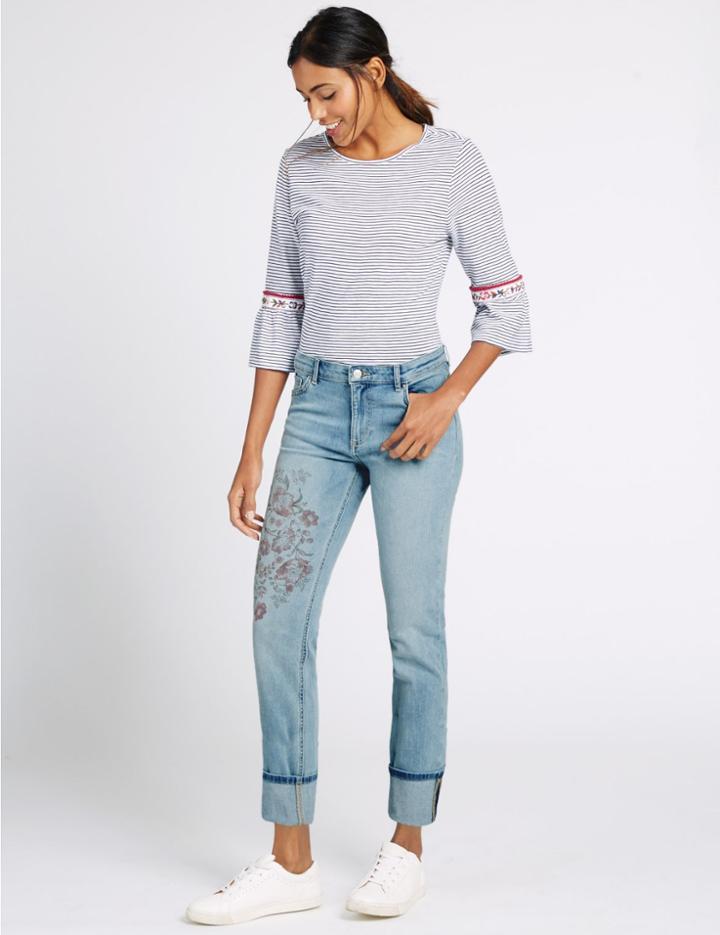 Marks & Spencer Floral Print Mid Rise Slim Leg Jeans Light Indigo