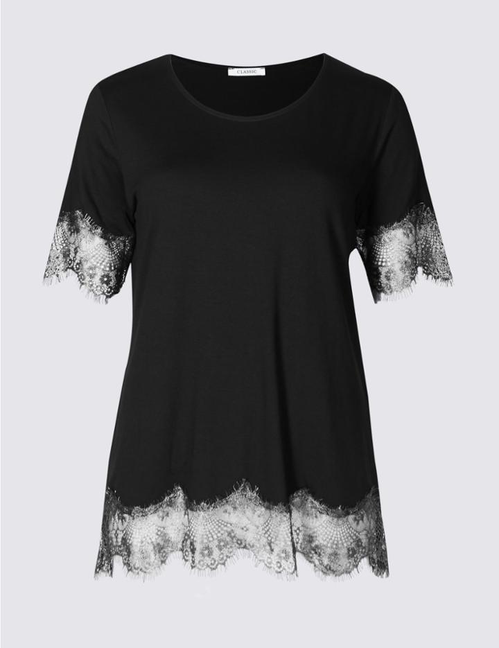 Marks & Spencer Lace Hem Round Neck Short Sleeve T-shirt Black