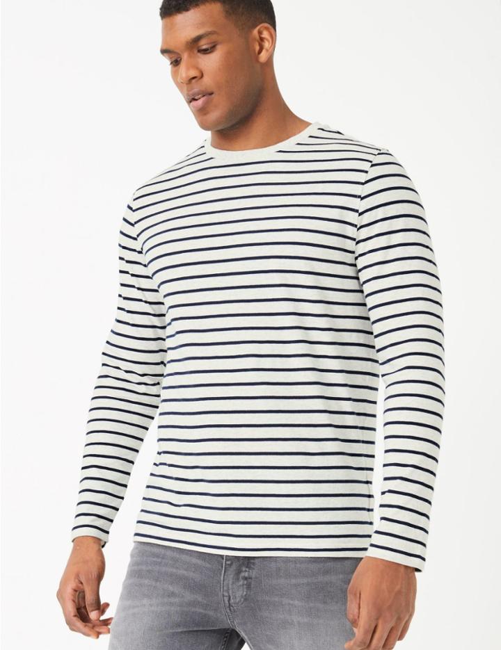 Marks & Spencer Cotton Striped Long Sleeve Top Ecru Mix