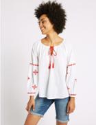 Marks & Spencer Pure Cotton Embroidered Long Sleeve Blouse White Mix