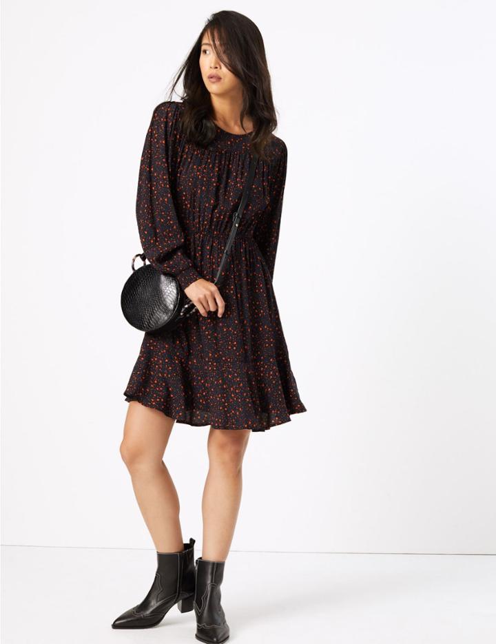 Marks & Spencer Ditsy Floral Print Waisted Mini Dress Navy Mix