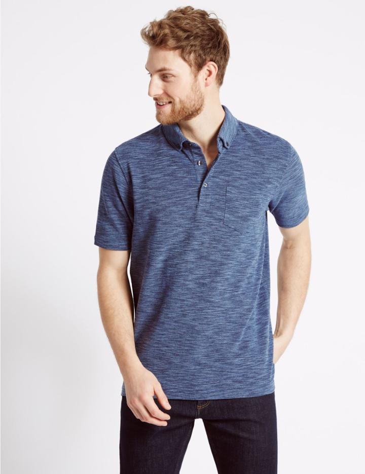 Marks & Spencer Pure Cotton Textured Polo Shirt Indigo Mix