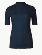 Marks & Spencer Pure Cotton Textured High Neck T-shirt Navy