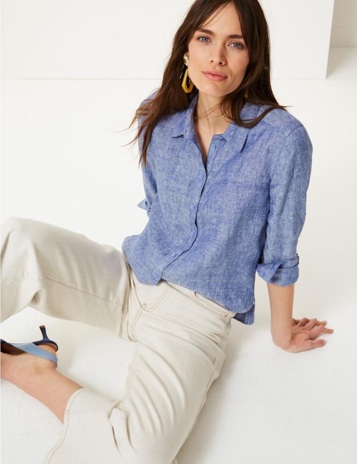 Marks & Spencer Pure Linen Button Detailed Shirt Chambray