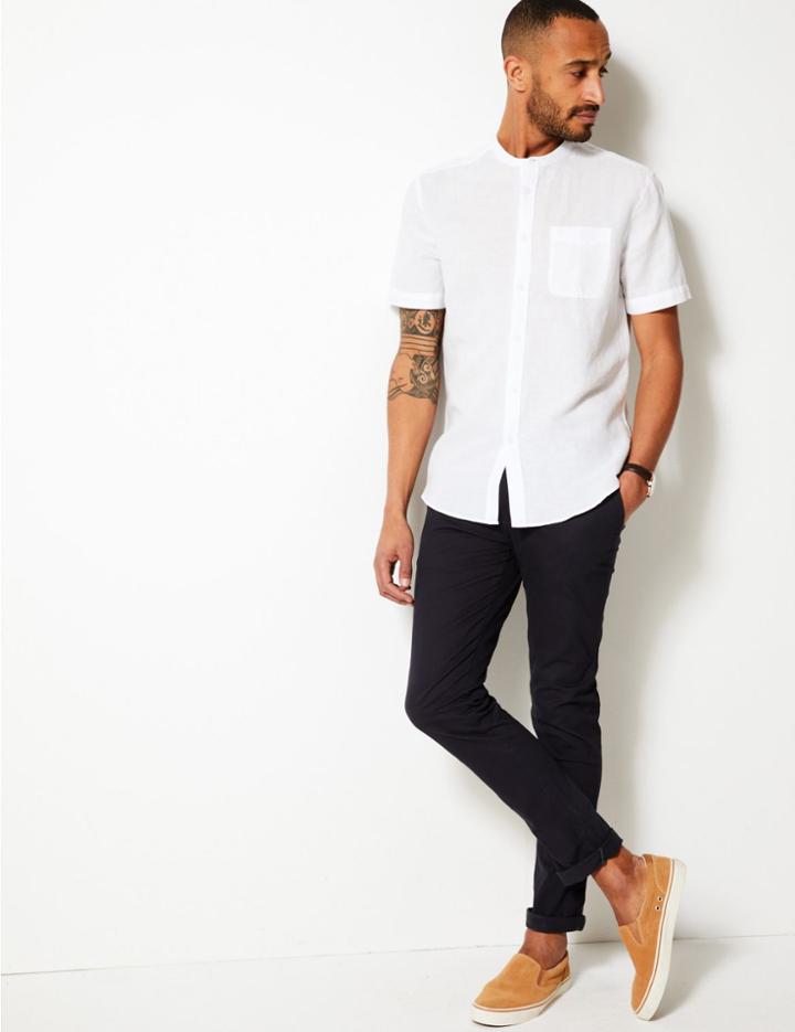 Marks & Spencer Linen Rich Grandad Shirt With Pocket White