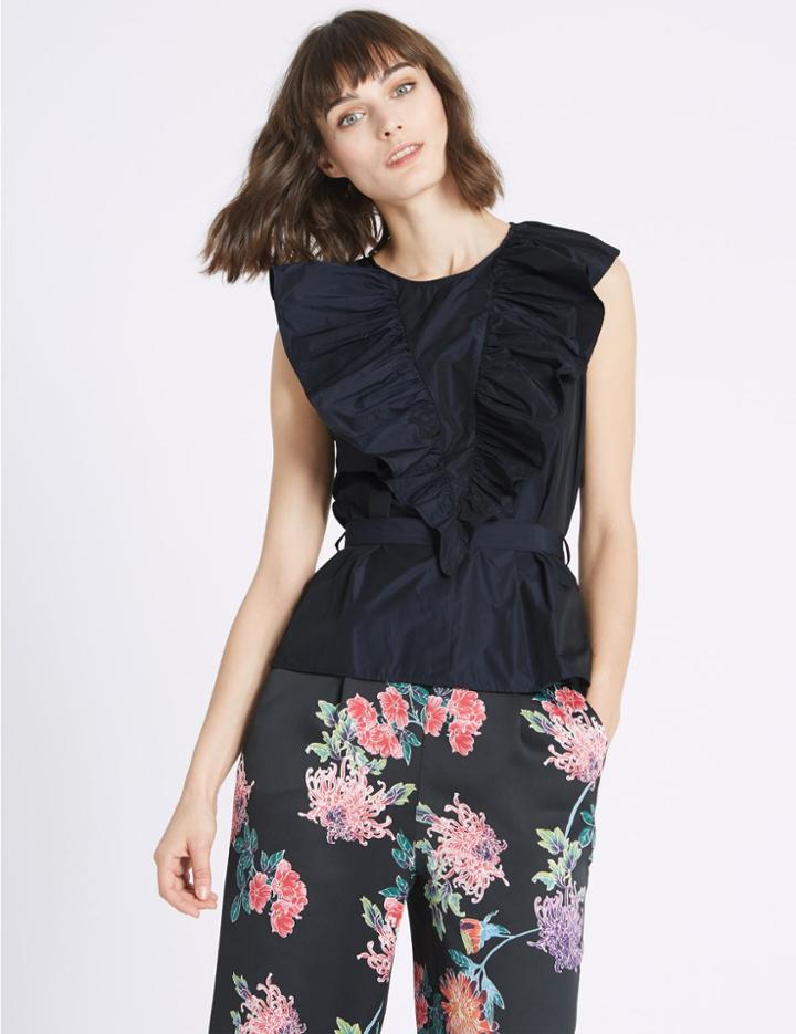 Marks & Spencer Ruffle Taffata Shell Top Navy