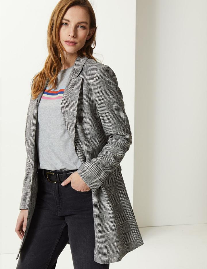 Marks & Spencer Checked Double Breasted Blazer With Linen Black Mix