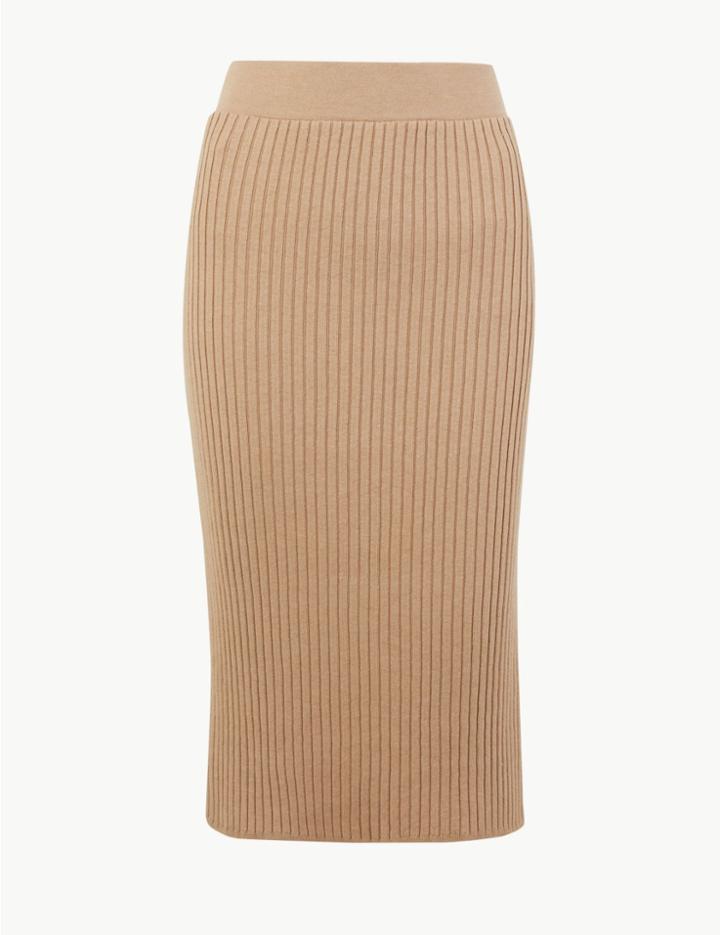 Marks & Spencer Knitted Pencil Midi Skirt Camel