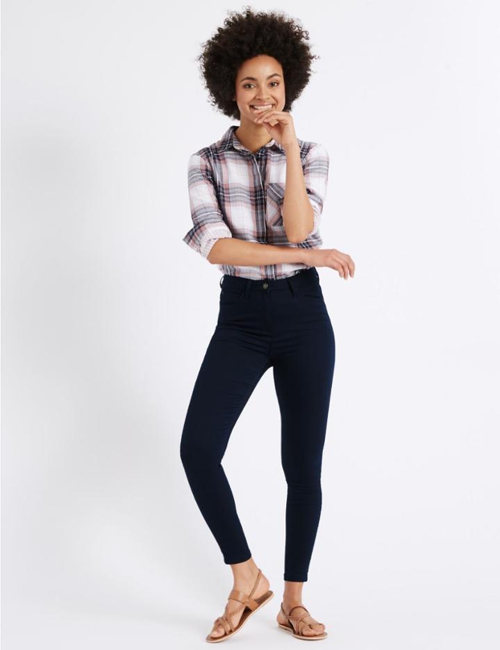 Marks & Spencer Cotton Rich Bi Stretch Skinny Leg Trousers Navy