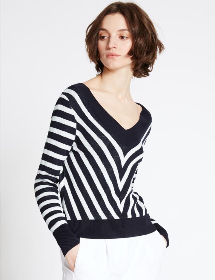 Marks & Spencer Striped V-neck Jumper Navy Mix