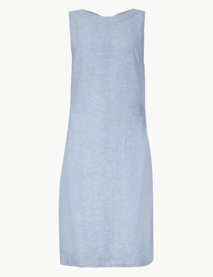 Marks & Spencer Petite Linen Rich Round Neck Shift Dress Chambray