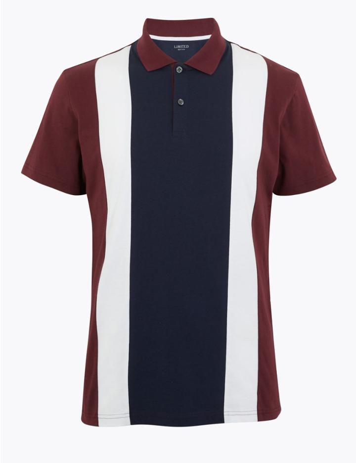 Marks & Spencer Pure Cotton Colour Block Polo Shirt Burgundy