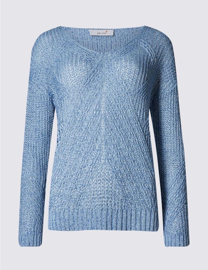 Marks & Spencer Textured V-neck Jumper Blue Mix
