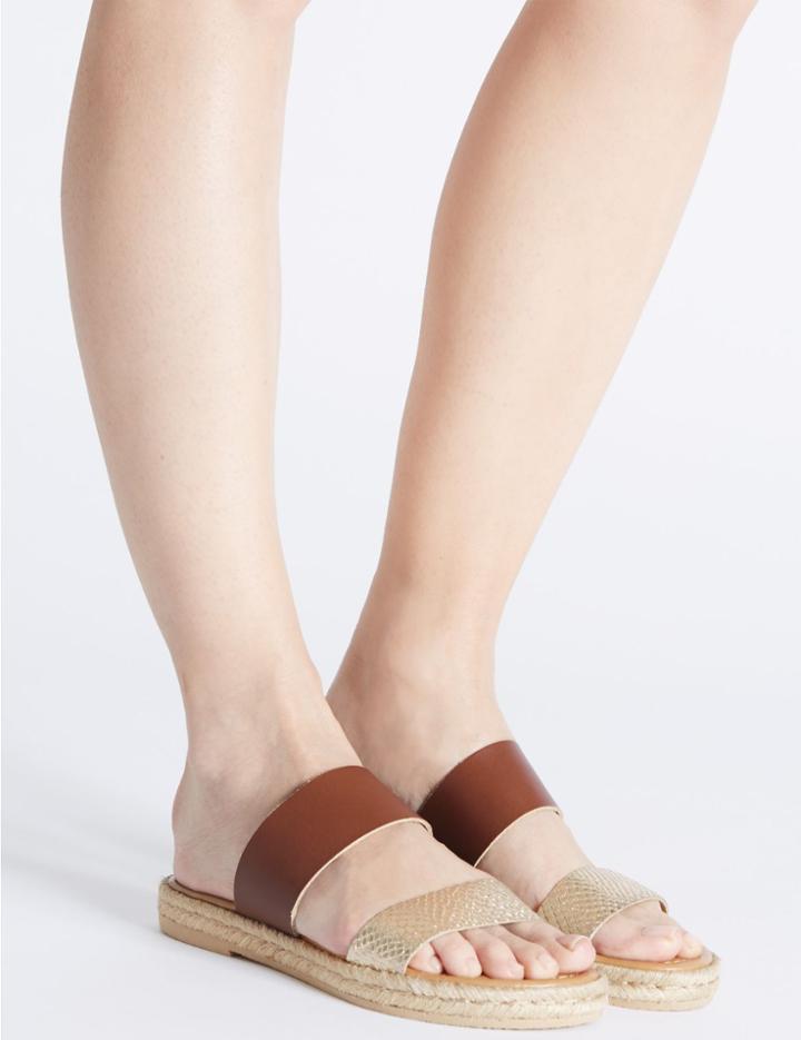 Marks & Spencer Leather Slip On Two Band Sandals Tan