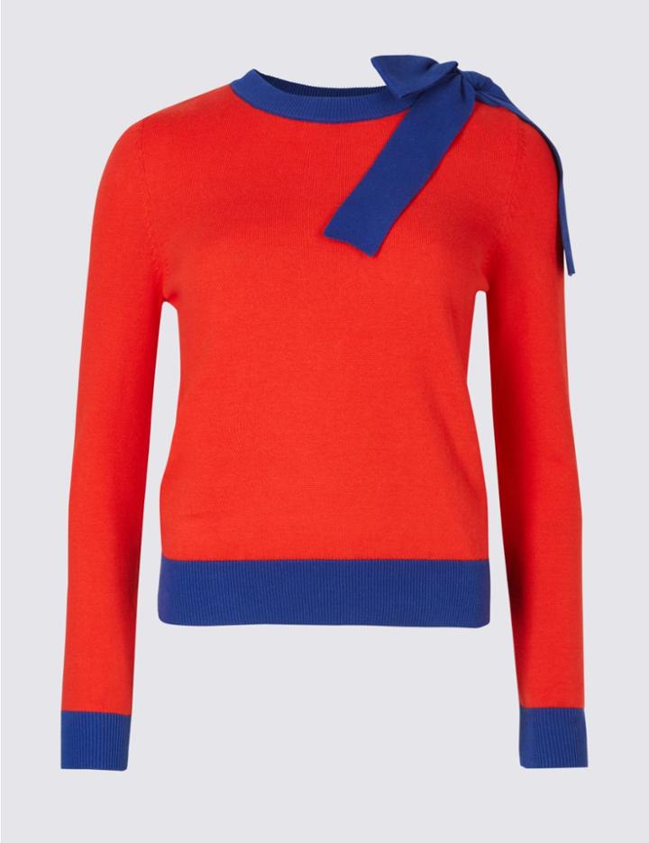 Marks & Spencer Pure Cotton Shoulder Tie Striped Jumper Tomato