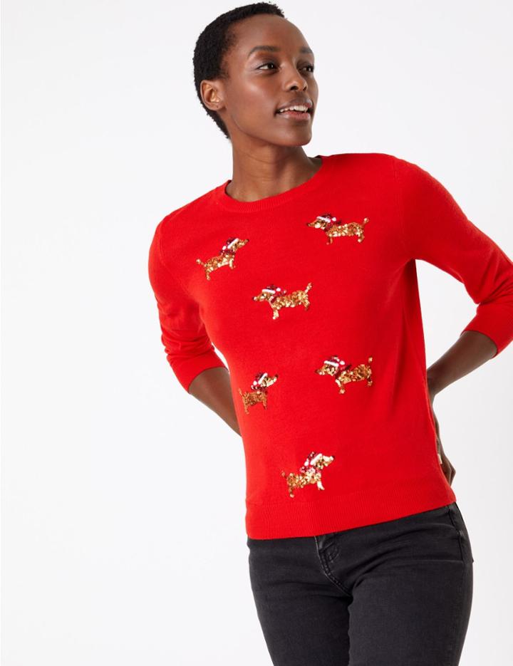 Marks & Spencer Embellished Dog Christmas Jumper Red Mix