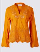 Marks & Spencer Pure Cotton Cutwork Bell Sleeve Blouse Marmalade