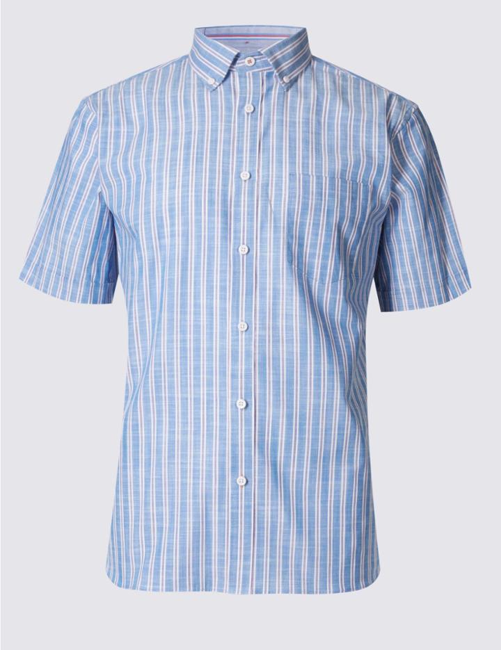 Marks & Spencer Pure Cotton Striped Shirt With Pocket Cornflower
