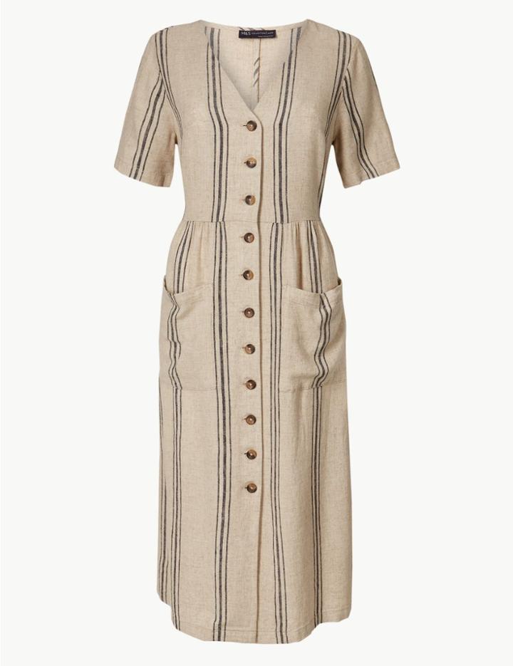 Marks & Spencer Petite Striped Waisted Midi Dress Natural Mix