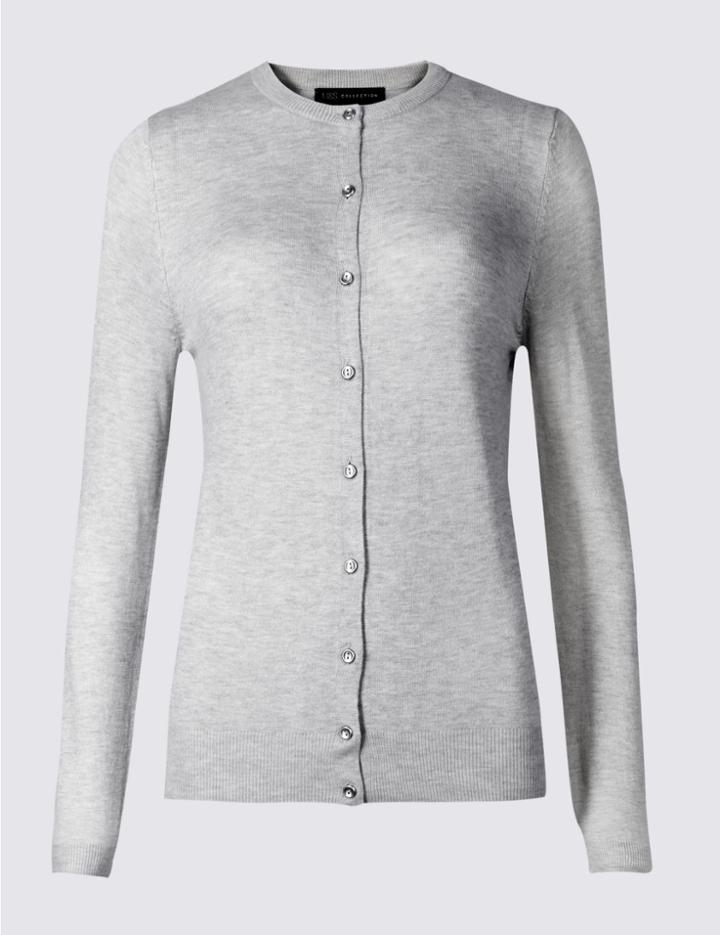 Marks & Spencer Ribbed Round Neck Cardigan Silver Grey