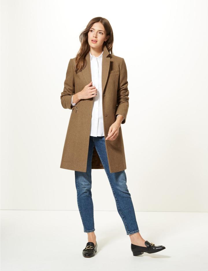 Marks & Spencer Wool Blend Single Breasted Coat Camel Mix