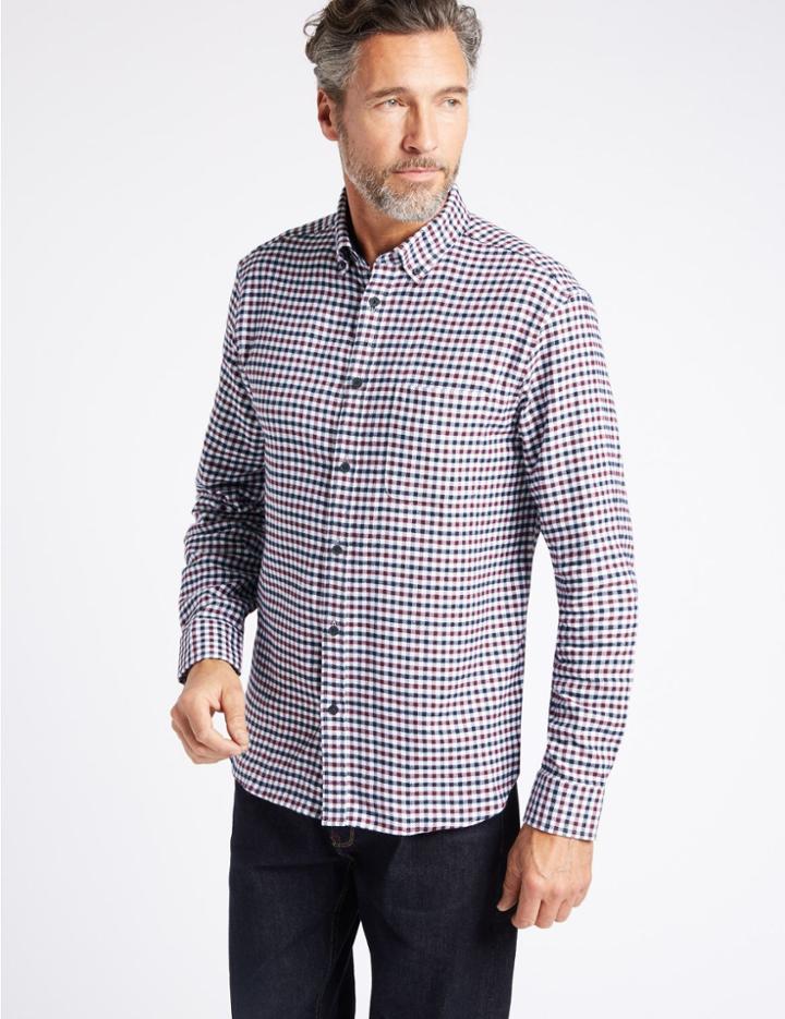 Marks & Spencer Luxury Brushed Cotton Checked Shirt Burgundy Mix