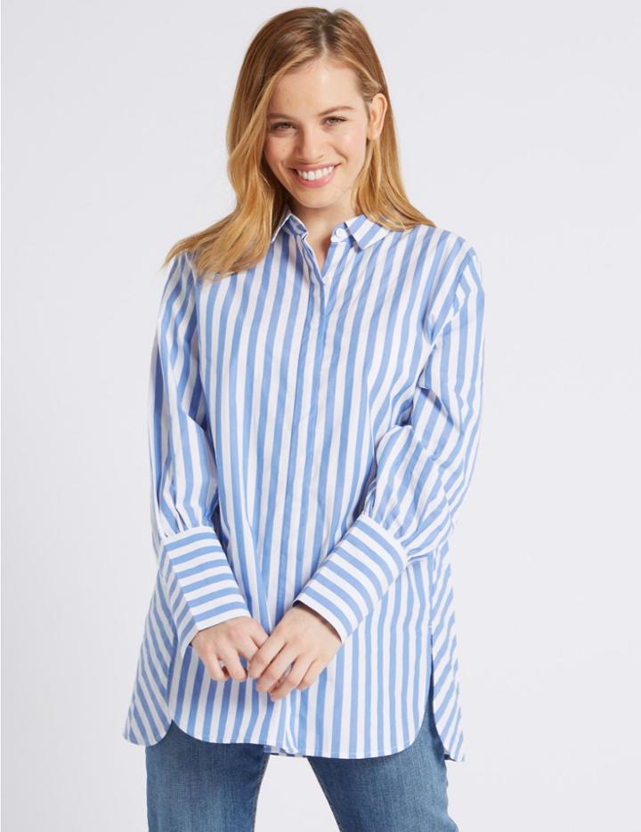 Marks & Spencer Petite Pure Cotton Striped Long Sleeve Shirt Blue Mix