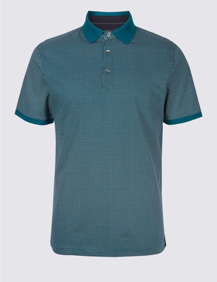Marks & Spencer Slim Fit Pure Cotton Spotted Polo Shirt Dark Turquoise