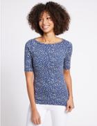 Marks & Spencer Pure Cotton Spotted Slash Neck T-shirt Blue Mix