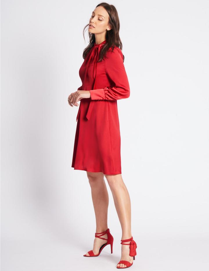 Marks & Spencer Tie Neck Long Sleeve Swing Dress Red