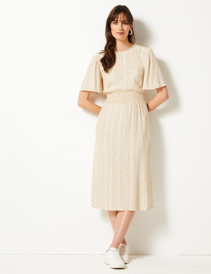 Marks & Spencer Animal Print Flare Sleeve Waisted Midi Dress Cream Mix