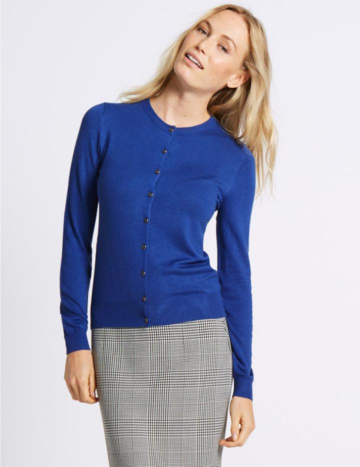 Marks & Spencer Ribbed Round Neck Cardigan Sapphire