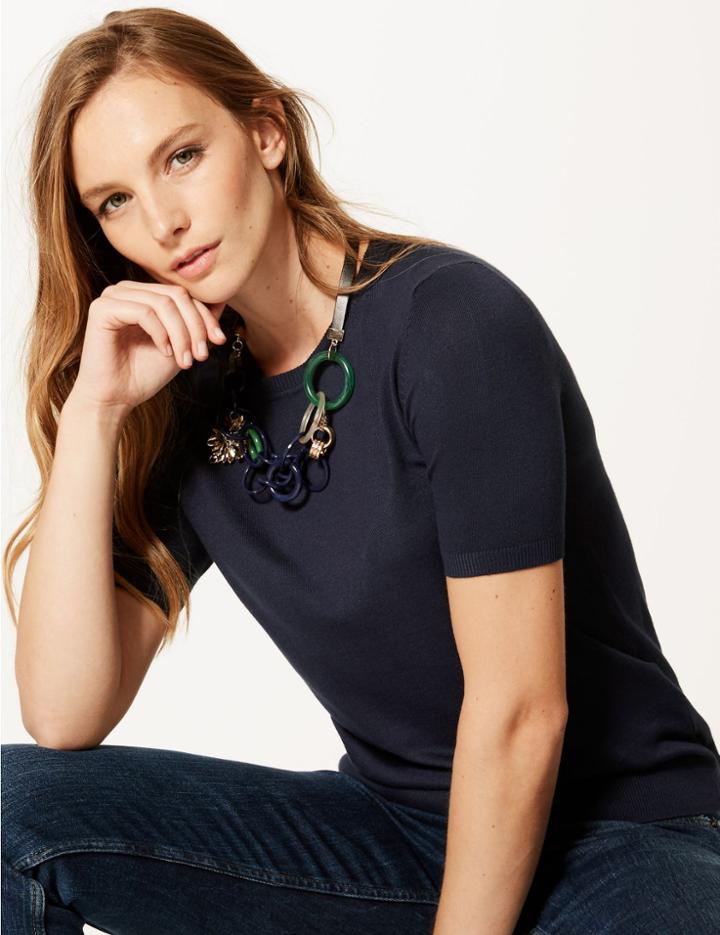 Marks & Spencer Round Neck Short Sleeve Jumper Navy