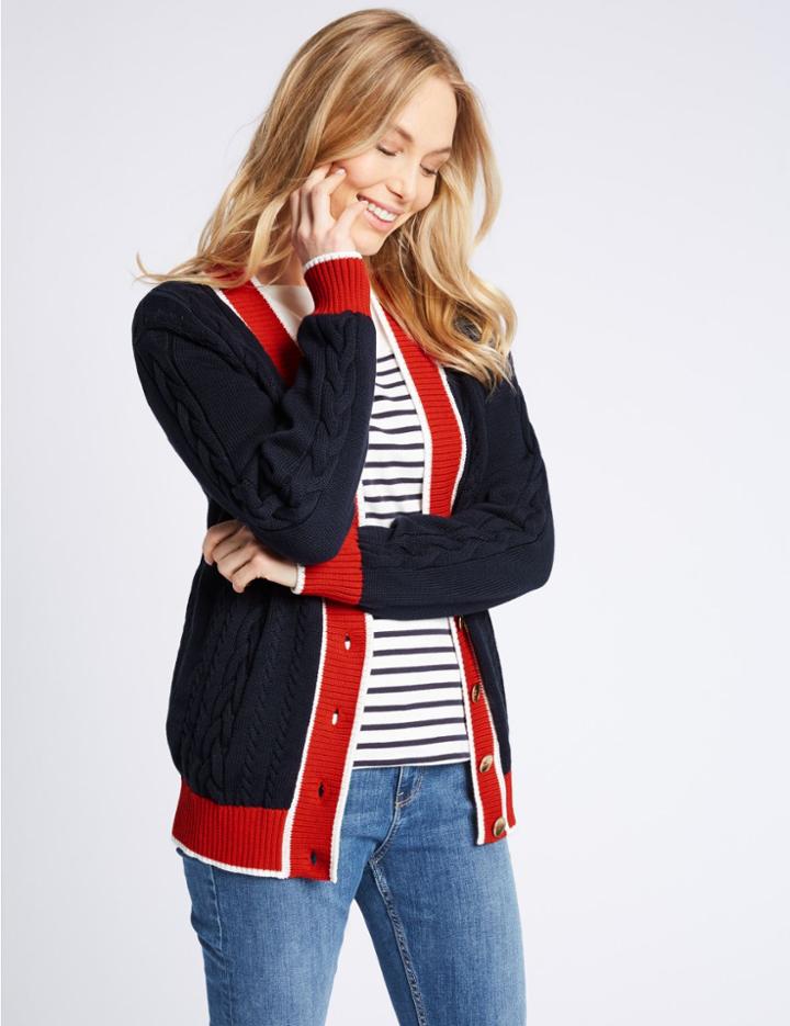 Marks & Spencer Pure Cotton Textured Long Sleeve Cardigan Navy Mix