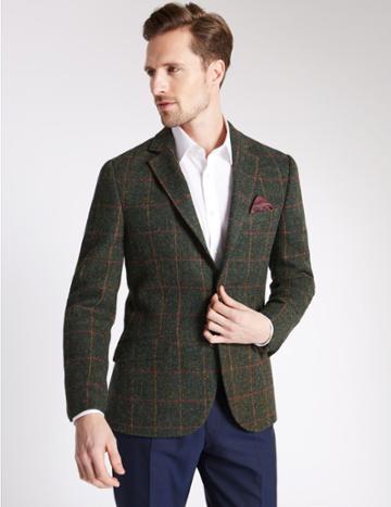 Marks & Spencer Pure Wool Tailored Fit Harris Tweed Jacket Green
