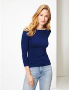 Marks & Spencer Cotton Rich Slash Neck 3/4 Sleeve T-shirt Blue