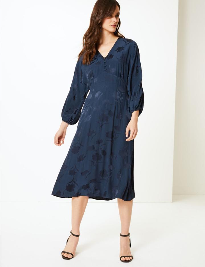 Marks & Spencer Jacquard Fit & Flare Midi Dress Navy