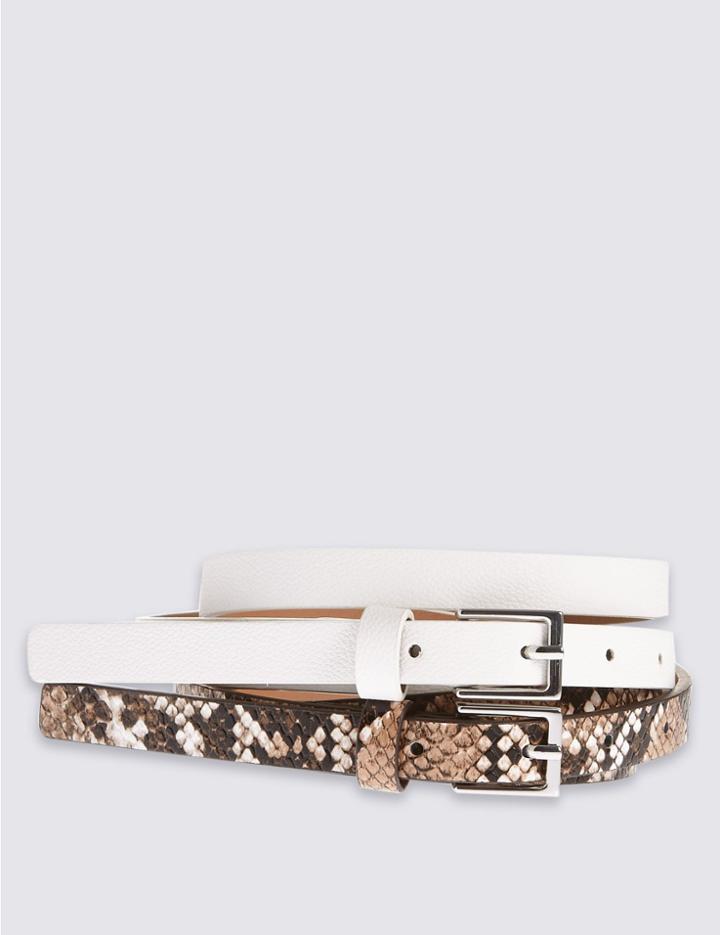 Marks & Spencer 2 Pack Leather Square Buckle Skinny Hip Belts White Mix