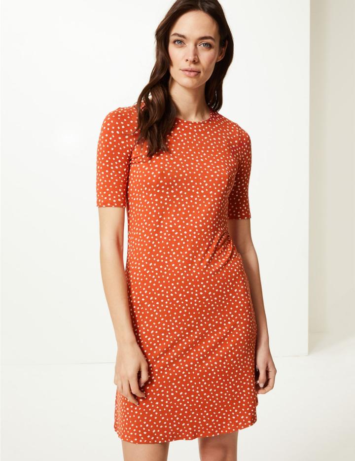 Marks & Spencer Spotted Jersey Knee Length Swing Dress Orange Mix