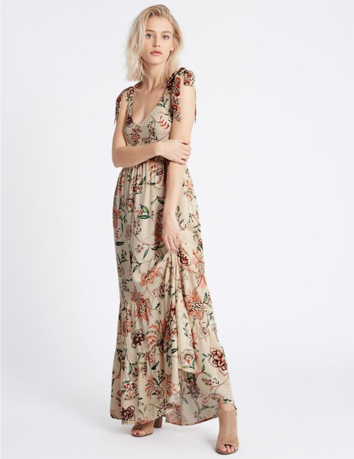Marks & Spencer Floral Print Tie Shoulder Slip Dress Beige Mix