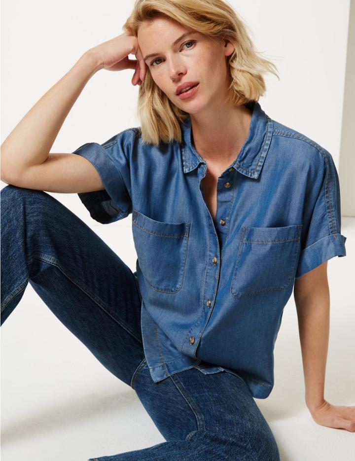 Marks & Spencer Button Detailed Short Sleeve Shirt Denim