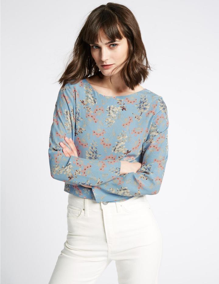 Marks & Spencer Round Neck Long Sleeve Blouse Blue Mix