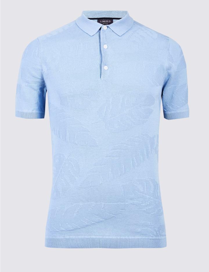 Marks & Spencer Pure Cotton Leaf Design Textured Slim Fit Polo Blue