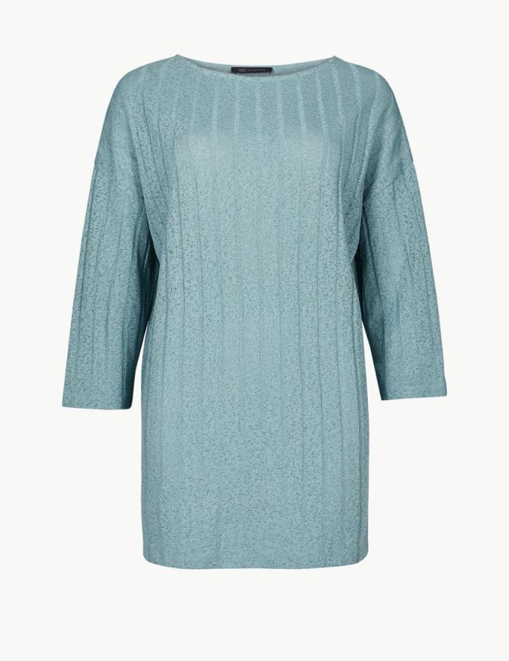 Marks & Spencer Textured Rib Slash Neck 3/4 Sleeve Blouse Blue/green