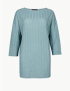 Marks & Spencer Textured Rib Slash Neck 3/4 Sleeve Blouse Blue/green