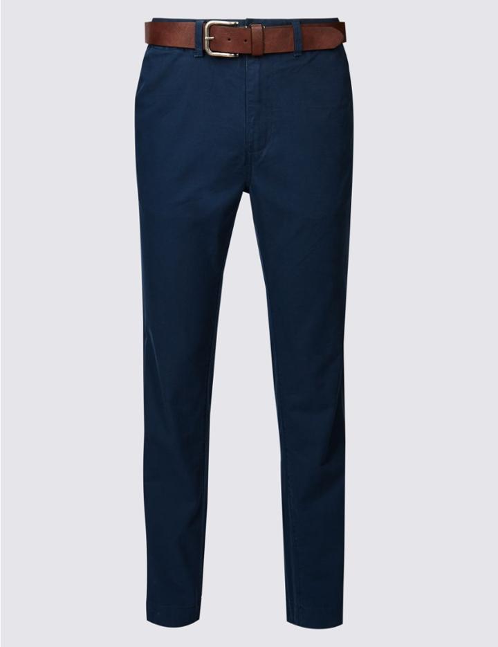 Marks & Spencer Straight Fit Pure Cotton Chinos With Belt Navy