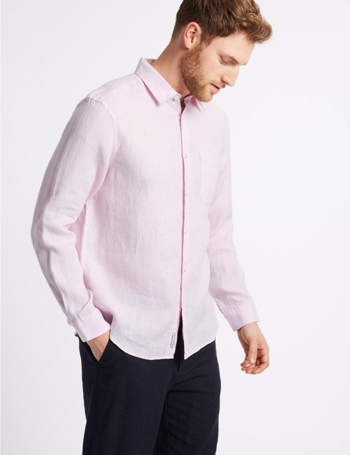 Marks & Spencer Easy Care Pure Linen Shirt With Pocket Pink