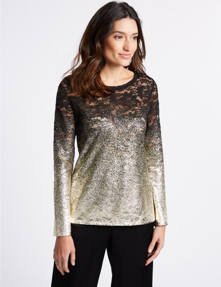 Marks & Spencer Lace Ombre Foil Long Sleeve Top Gold