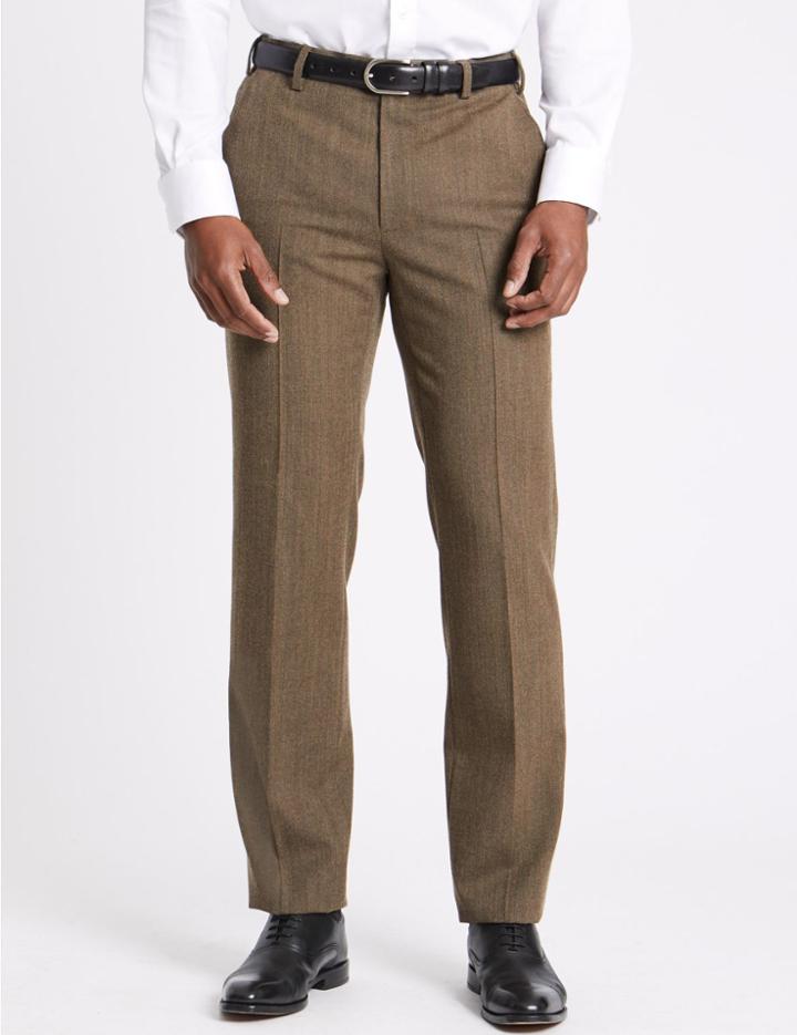 Marks & Spencer Tailored Fit Wool Blend Flat Front Trousers Neutral